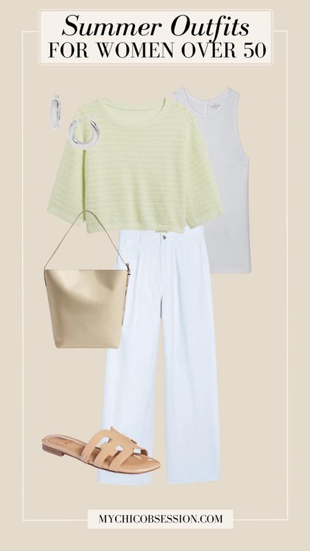 Style this spring outfit with white jeans. Start with a basic tank top on top, tucked into your waist. Next, add an open-knit sweater in a bright green for a pop of color. Add leather sandals, a bucket tote from Madewell, and silver hoops to accessorize. 

#LTKover40 #LTKSeasonal #LTKstyletip