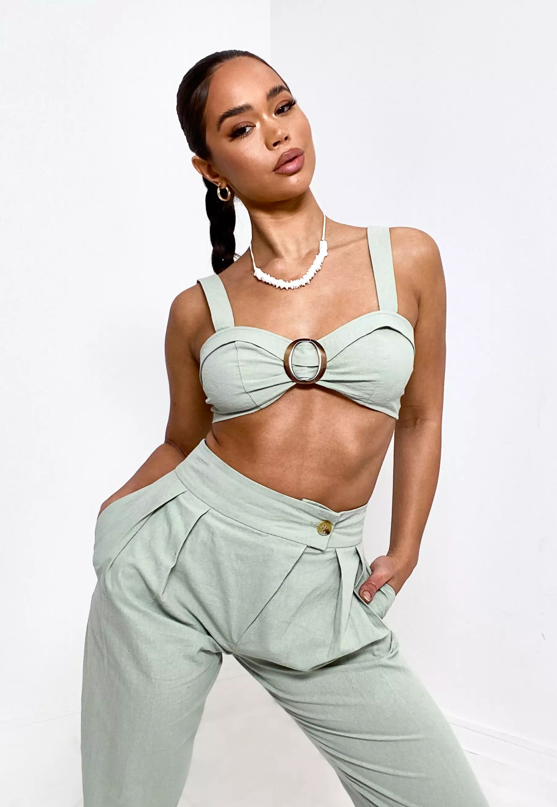 Mint Co Ord Linen Look Horn Buckle Crop Top | Missguided (US & CA)