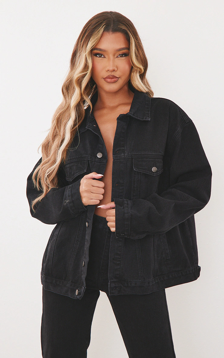PRETTYLITTLETHING Washed Black Oversized Boyfriend Denim Jacket | PrettyLittleThing US