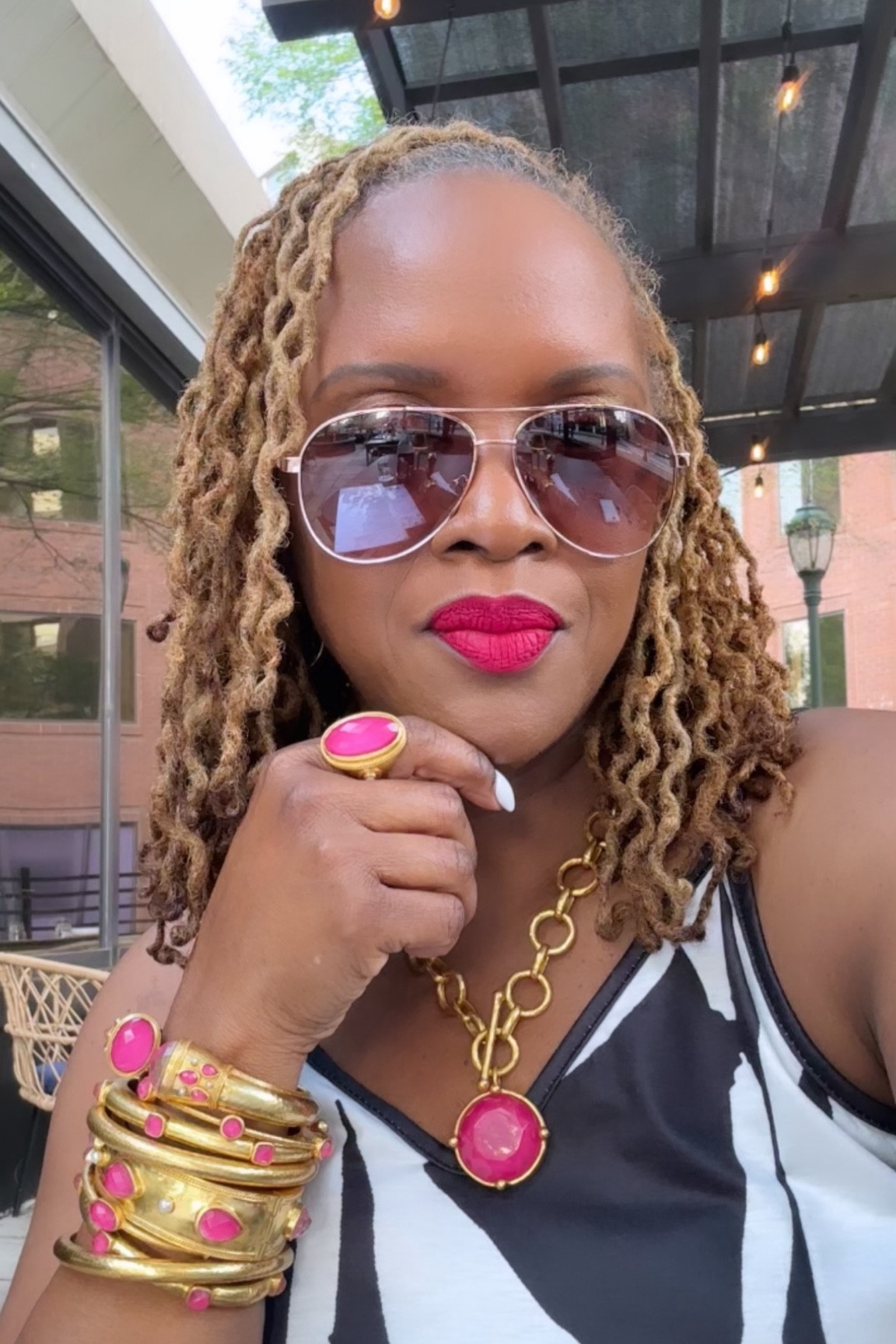 Pink and Gold Julie Vos jewelry 
Pink TheLip Bar lipstick 💄 

#LTKOver40 #LTKParties #LTKBeauty