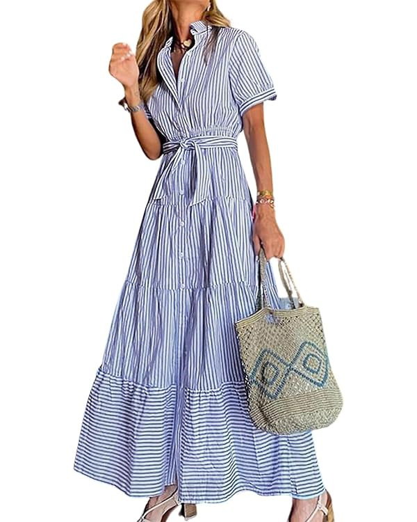 utcoco Womens Casual Short Sleeve Button Down Tie Waist Ruffled Striped Maxi Shirt Dress | Amazon (US)