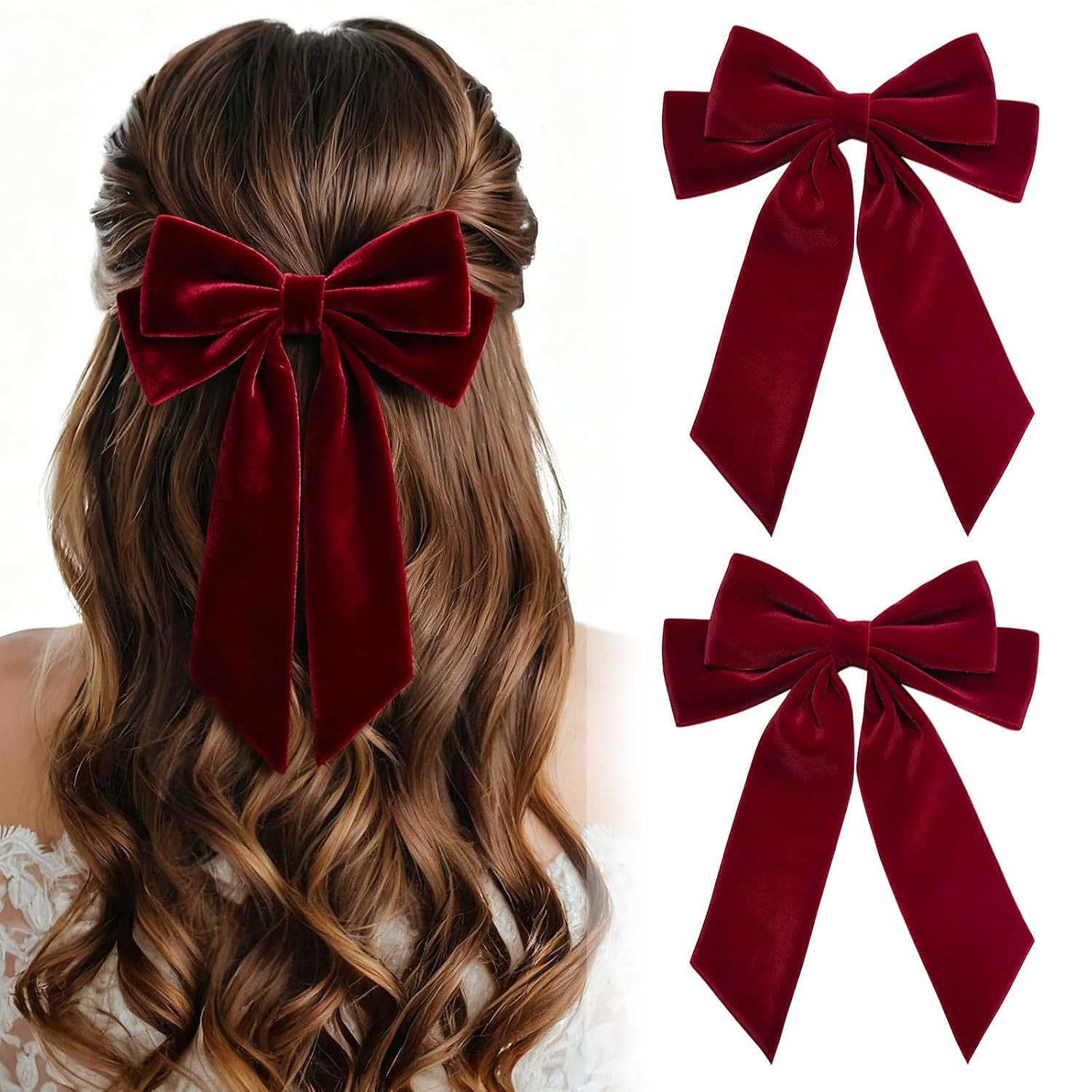 2PCS Velvet Bows Hair Clip Ribbon Red Accessories Bow for Women Girls Toddlers Teens Kids | Amazon (US)
