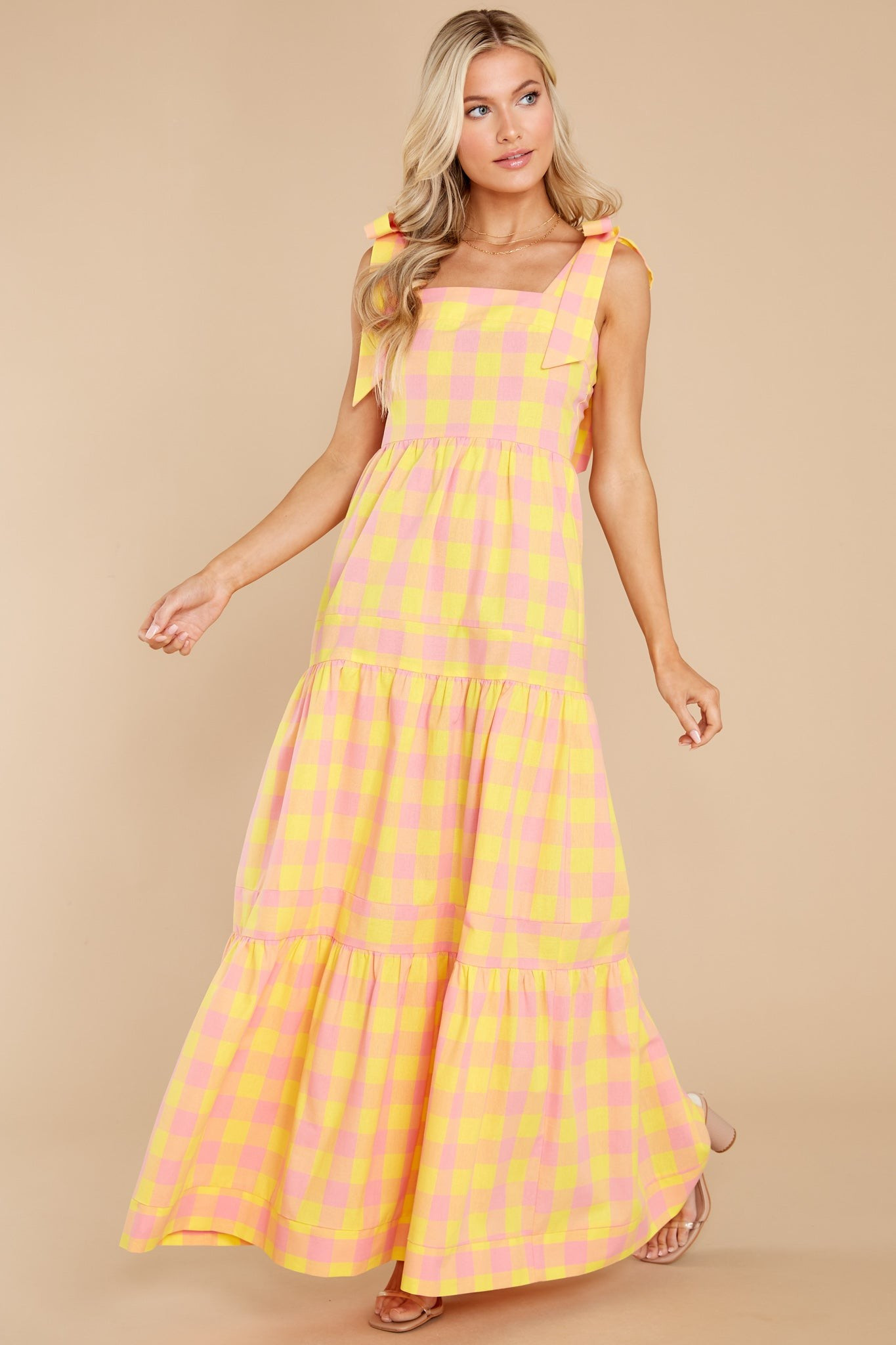 Sunny Strolls Yellow And Pink Gingham Maxi Dress | Red Dress 