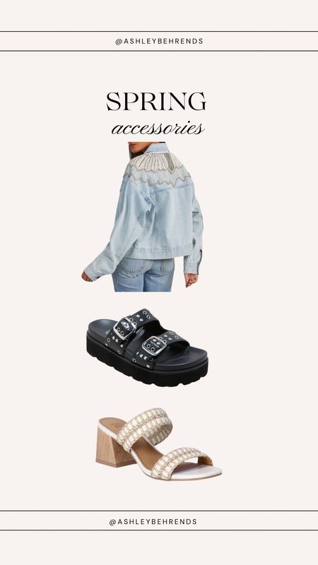 Spring accessories ☀️ Bedazzled lightweight Jean jacket (on sale!) look for less platform sandals and heels under $35. Body spray I frequently use in Spring is Sol De Janiero 40 🌸

#LTKstyletip #LTKshoecrush #LTKsalealert