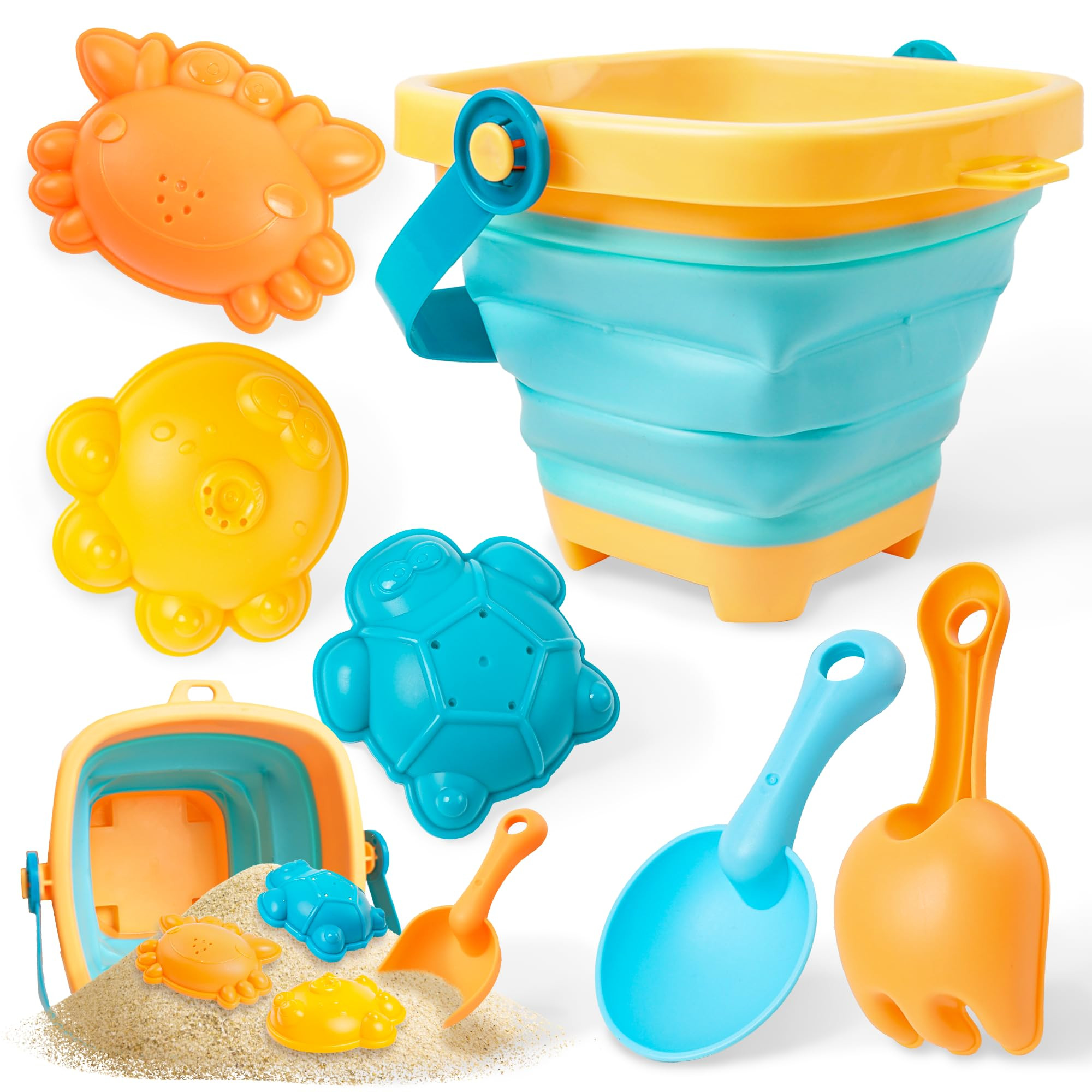 Beach Toys for Kids Ages 4-8 - Collapsible Beach Buckets with Sand Molds, Sand Scoops and Sand Sh... | Amazon (US)
