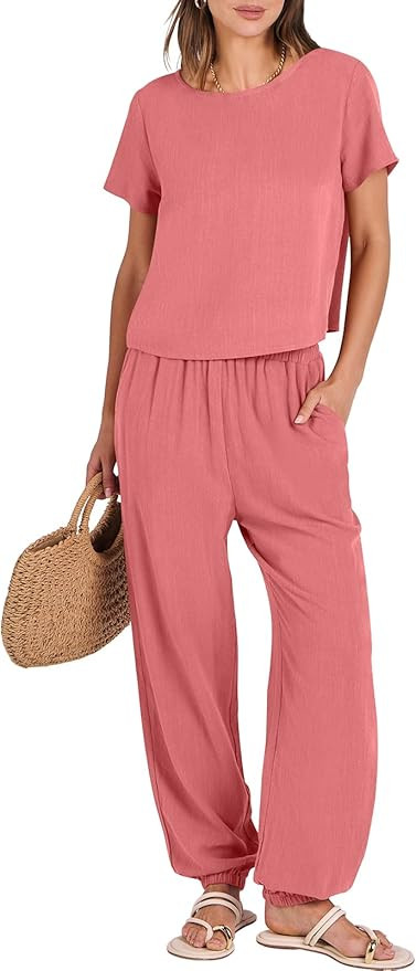 ANRABESS Womens 2 Piece Sets Short Sleeve Crop Top & Wide Leg Pants Casual Linen Lounge Set Summe... | Amazon (US)