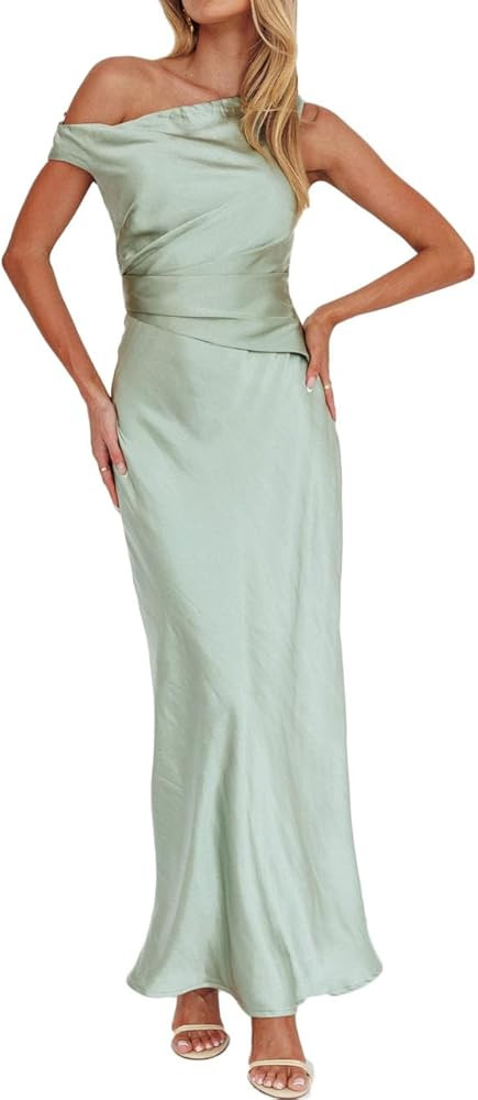 Gmeitoey Women's Summer Elegant Satin Off Shoulder Sleeveless Maxi Dress Formal Cocktail Wedding ... | Amazon (US)