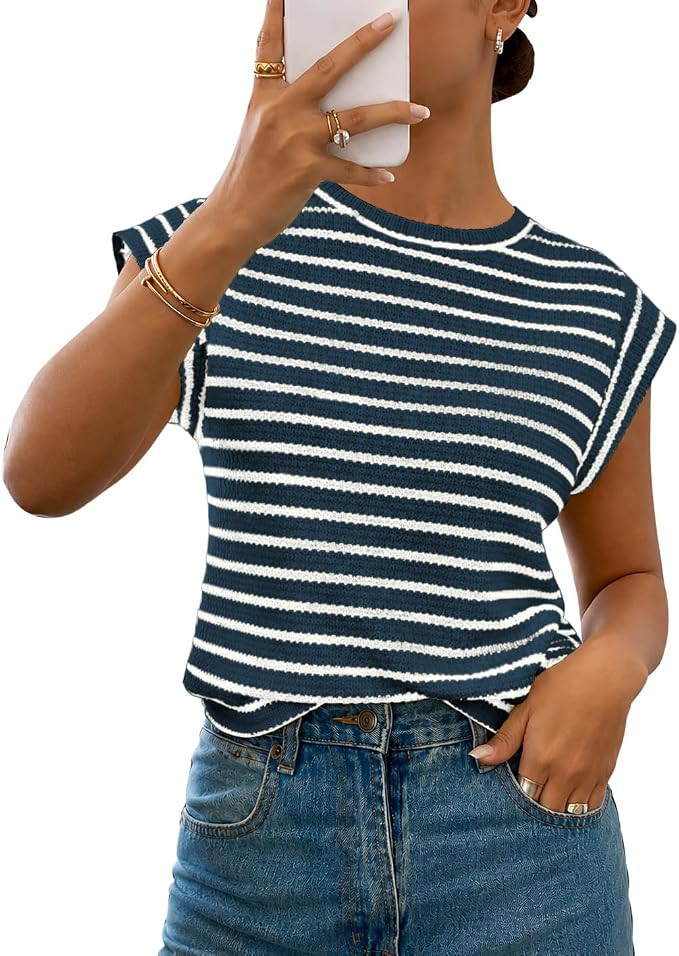 WIHOLL Womens Striped Knit Vest Tops Cap Sleeve Shirts Crew Neck Summer Casual Loose Pullover Tan... | Amazon (US)