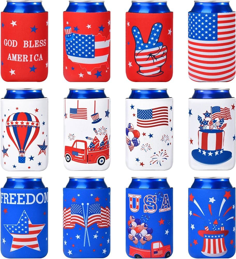 4th of July Decorations, 12 PCS Can Cooler Sleeves for Independence Day Accessories, Patriotic Pa... | Amazon (US)