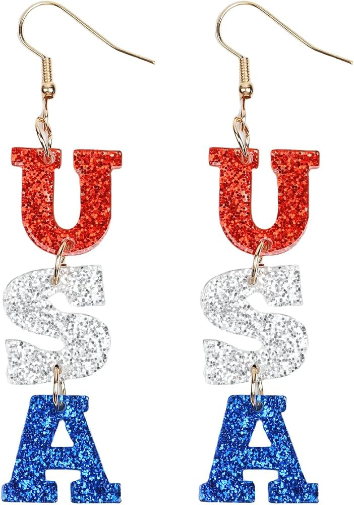 Red White Blue Stripe American Flag Dangle Earrings for Women,Acrylic Star Heart Drop USA Patriot... | Amazon (US)