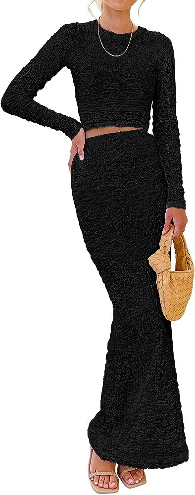 BTFBM Women's Fashion 2 Piece Outfits 2023 Fall Winter Long Sleeve Bodycon Pullover Tops Ruched M... | Amazon (US)