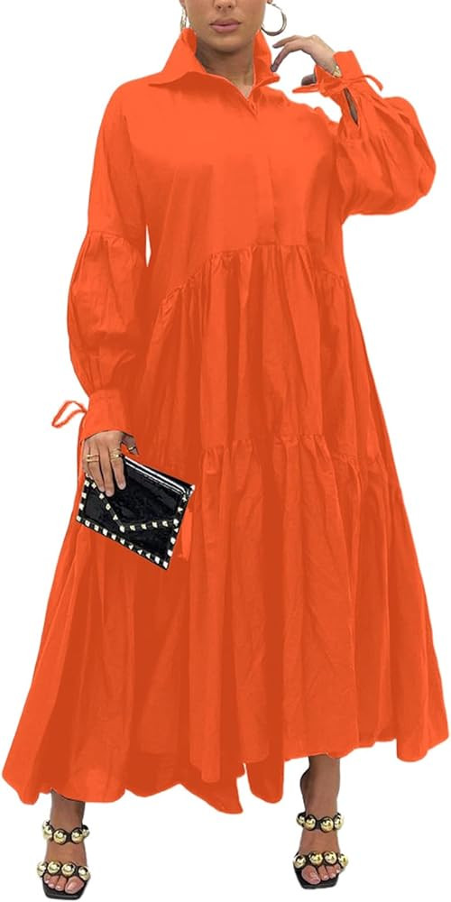 Women's Long Sleeve Maxi Shirt Dress Elegant Button Down Loose Swing Party Dress | Amazon (US)