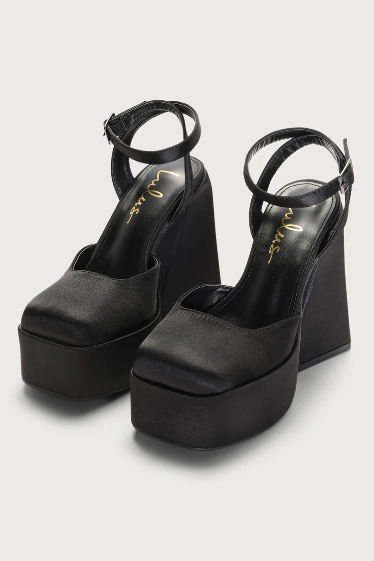 Rya Black Satin Platform Ankle Strap Pumps | Lulus (US)