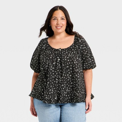 Women's Puff Short Sleeve Button-Up Peasant Top - Universal Thread™ Black Floral XXL | Target