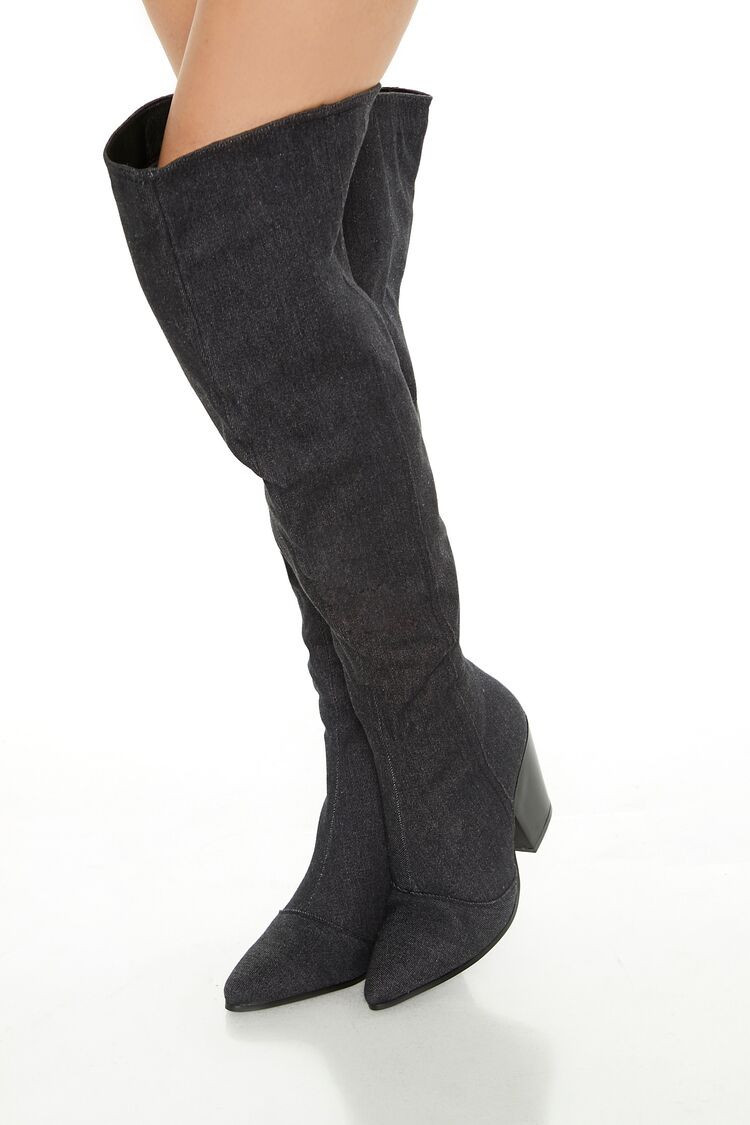 Women's Denim Over-the-Knee Boots in Black, 8 | Forever 21