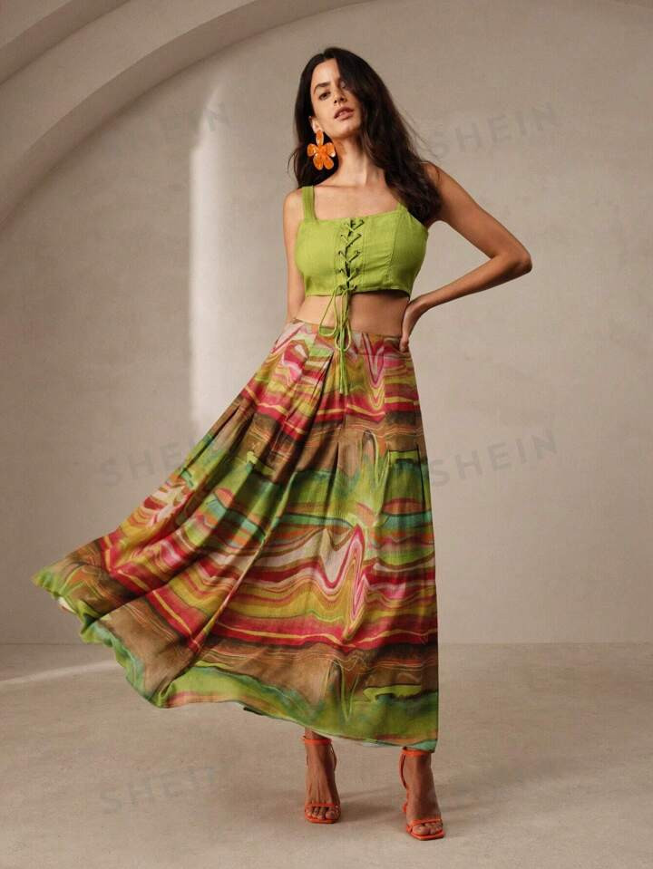 Anewsta Vacation Style Solid Color Drawstring Vest Top And Abstract Print Skirt Set | SHEIN USA | SHEIN