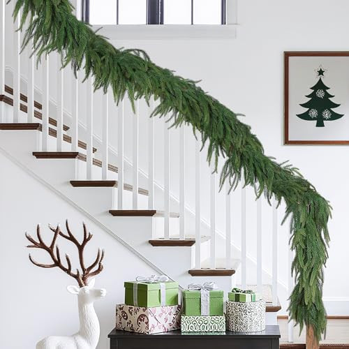 TOWPONICS 9FT Real Touch Norfolk Pine Garland, Long Faux Greenery Christmas Garland for Mantel, Stairs, Fireplace, Wall, Outdoor Indoor Christmas Decorations, Qualified Material, Easy to Shape, 1P | Amazon (US)