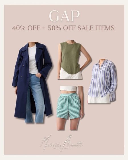 More great finds from the gap sale! Most things available in petite sizing. 

Striped shorts, gauze shirt, navy blue trench coat, green tank 

#LTKSeasonal #LTKsalealert #LTKstyletip