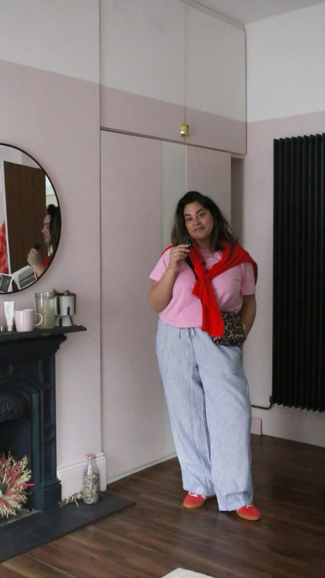 *2/30 midsize spring outfit ideas ✨ Zara pink t {XXL} HM blue pinstripe linen trousers {18} Hush red jumper {XL} Asda leopard bag Adidas Spezial {7.5} midsize outfit// midsize over 40// spring style // midsize fashion//  line pinstripes// outfit ideas#LTKover40 

#LTKmidsize #LTKstyletip