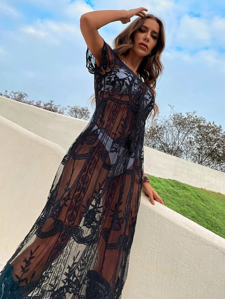 Embroidery Mesh Lace-Up Cover Up | SHEIN