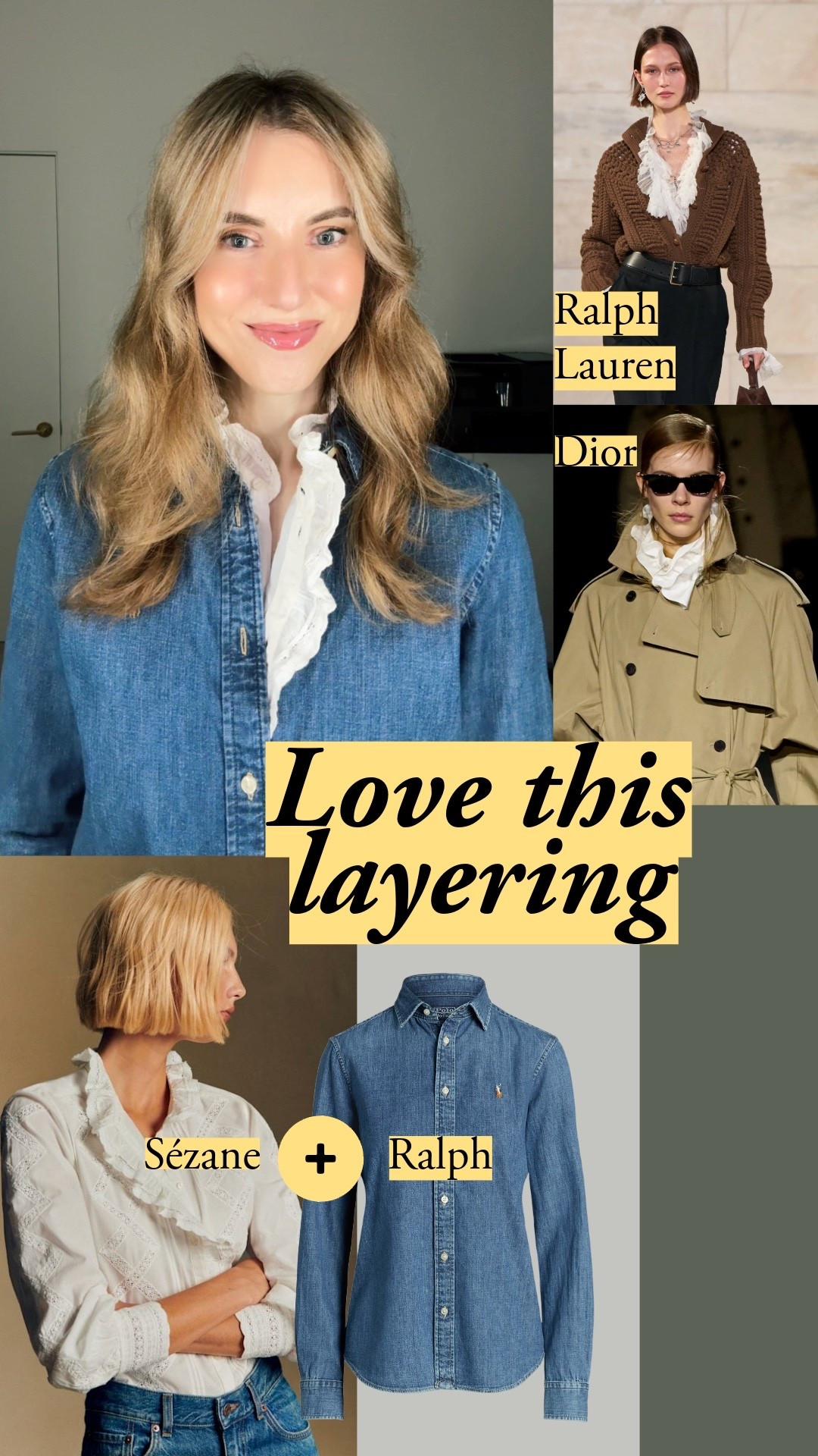 The runway romantic layering combo that actually works – vintage-looking embroidery cascading out from under a structured denim shirt. Here are the pieces I'm wearing and other options that nail this without fighting each other. Both pieces are fitted. I'm wearing a size 4, and I'm 5'7". Sézane in Ecru Pastel.

#LTKootd