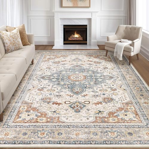 8x12 Area Rugs Living Room: Washable Boho Large Neutral Vintage Soft Rug Stain Resistant Distressed Farmhouse Non-Slip Indoor Floor Carpet for Bedroom Nursery Kids Office Dining Room- Beige Blue | Amazon (CA)