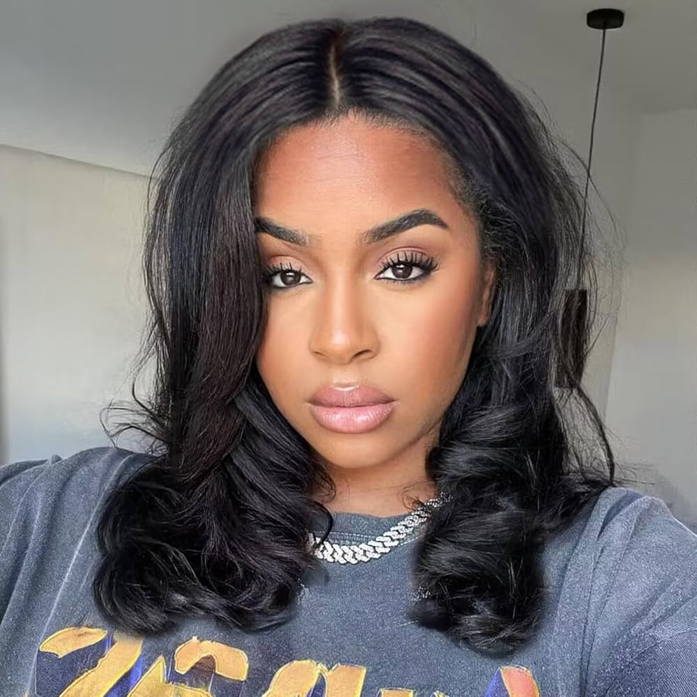 FAVE Short Body Wave Wig Shoulder Length Synthetic Wig Middle Part Natural Black Wigs for Black W... | Amazon (US)
