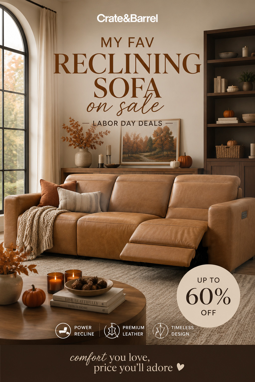 Obsessed with this cozy fall living room find 🍂 This reclining sofa is such a good mix of comfort and elevated style, and it’s even better when you can grab it during the Labor Day deals. The warm leather tone feels perfect for a fall living room refresh, and that power recline makes it the kind of sofa you’ll actually want to live on. Crate & Barrel finds are up to 60% off right now, so this one is definitely on my sale watch list.

#CrateAndBarrel #LaborDayDeals #LaborDaySale #RecliningSofa #ReclinerSofa #SofaOnSale #FallLivingRoom #FallHomeDecor #FallHomeRefresh #LivingRoomIdeas #LivingRoomInspo #CozyLivingRoom #LeatherSofa #BrownSofa #NeutralLivingRoom #WarmMinimalism #ModernLivingRoom #HomeDecorFinds #FurnitureDeals #FurnitureSale #HomeDeals #FallDecor #CozyHome #InteriorInspo #LTKHome #LTKFinds #Glamorweb 

 #LTKSeasonal #LTKHome #LTKSaleAlert