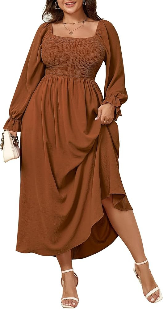 Women's Plus Size Maxi Dress Long Sleeve Square Neck Smocked Flowy A-Line Boho Wedding Party Maxi... | Amazon (US)