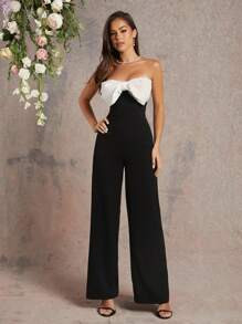 L'Amorae Chic Two-Tone Jumpsuit With Black Bow Top And White Wide-Leg Pants Christmas Clothes Wom... | SHEIN
