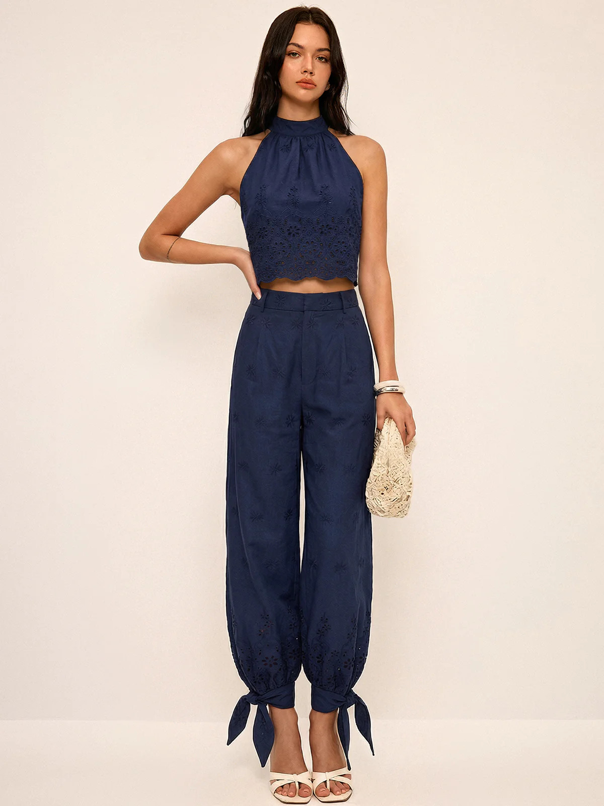 Eyelet Embroidery Top & Tie-Cuff Pants Set | Commense