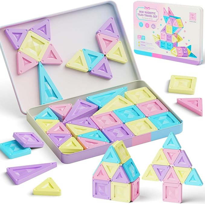 burgkidz Mini Magnetic Tiles Girls Travel Toy- 40 PCS Macaron Magnet Blocks with Pink Tin Box - 1... | Amazon (US)
