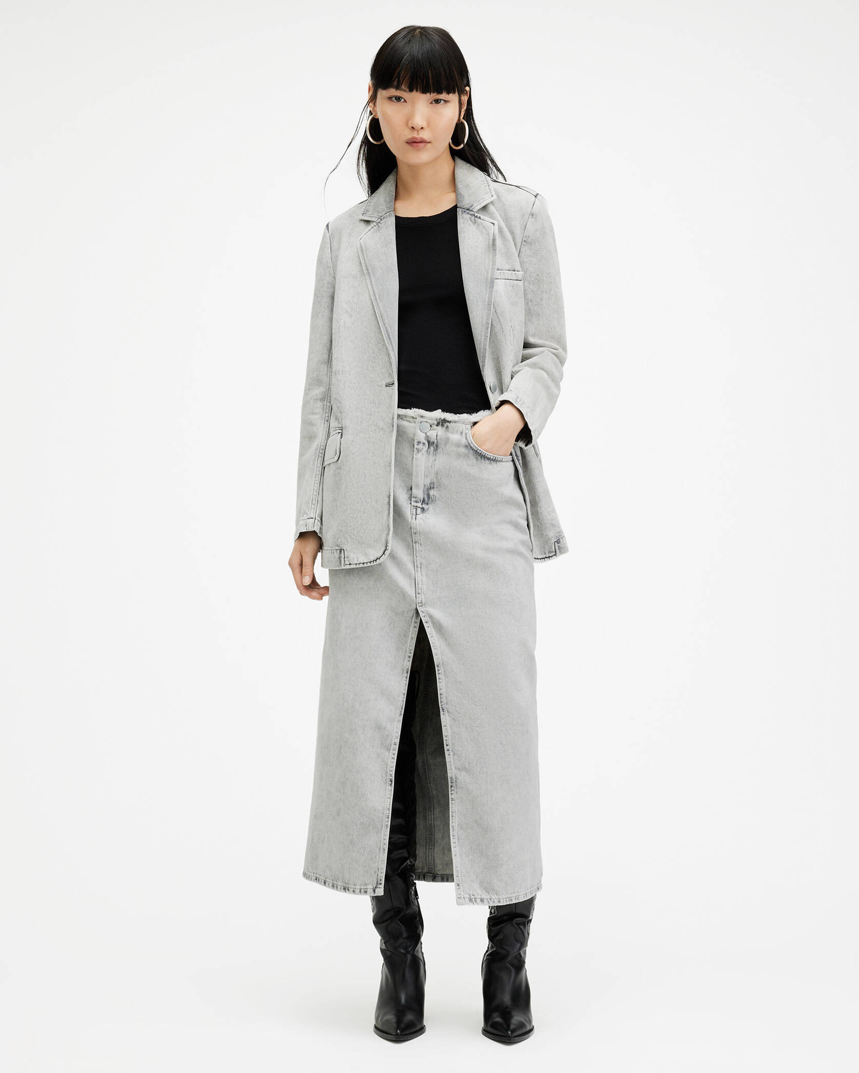 Honor Frayed Denim Maxi Skirt SNOW GREY | ALLSAINTS US | AllSaints US