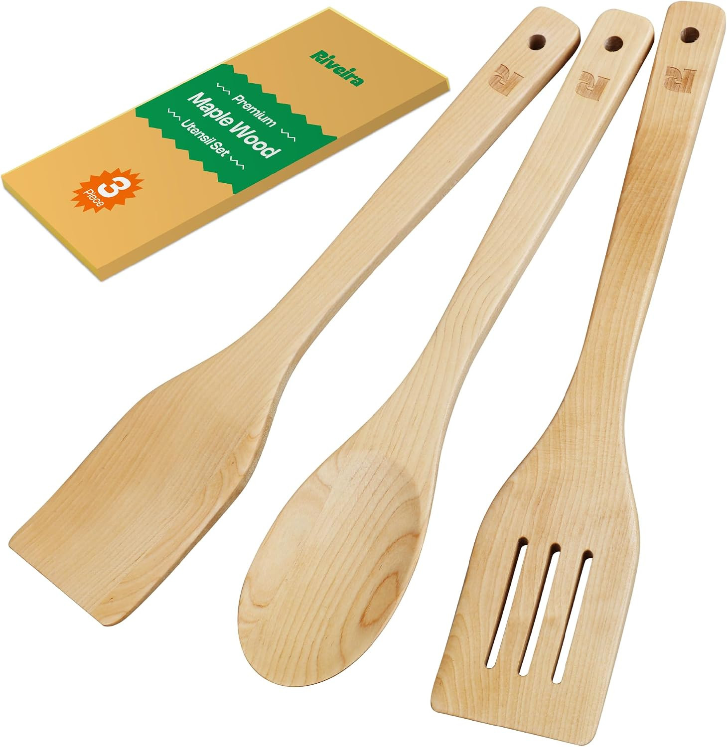 Riveira Maple Wooden Spoons for Cooking Set of 3 – Natural Maple Wooden Cooking Utensils, Wooden Spatula, Wooden Spoon - Premium Quality Utensil Set for Non-Toxic Cooking | Amazon (US)