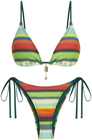 ZAFUL Crochet Bikini Sets for Women Cheeky Boho Bathing Suits Striped Brazilian High Cut Thong Bi... | Amazon (US)