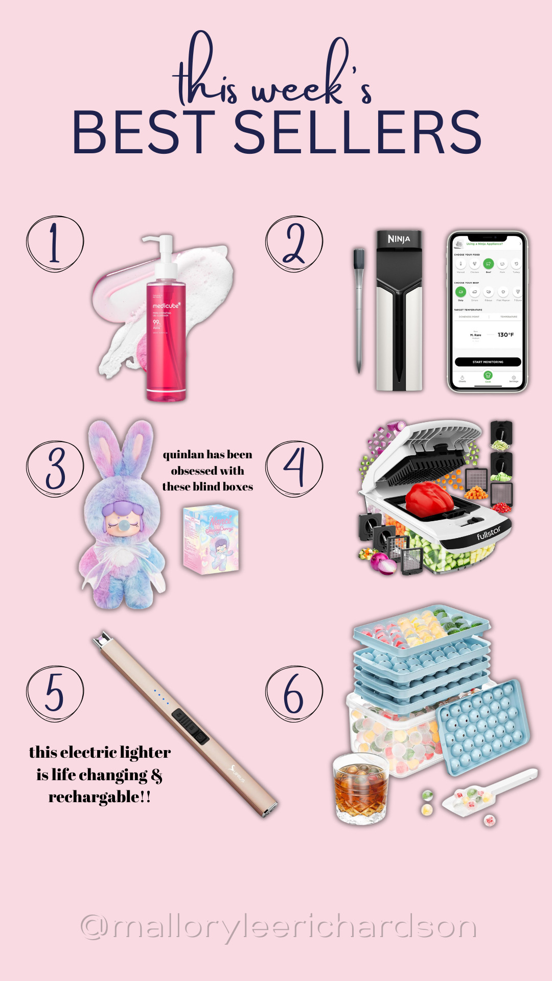 Here are some of this week's best sellers!

cleanser, electric lighter, meat thermometer, ice trays, food chopper, plush doll, best sellers, amazon finds, Mallory Lee Richardson 

 #LTKGiftGuide #LTKHome #LTKFindsUnder100