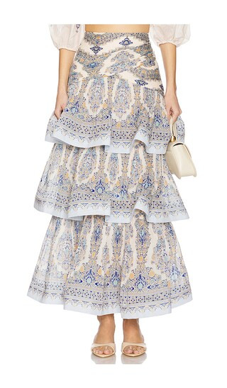 Tiered Pleated Skirt in Blue Paisley | Revolve Clothing (Global)