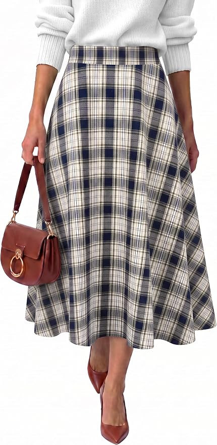 ANRABESS Women's A-Line Plaid Maxi Skirts | Elastic High Waist Flared with Pockets, Work Business... | Amazon (US)