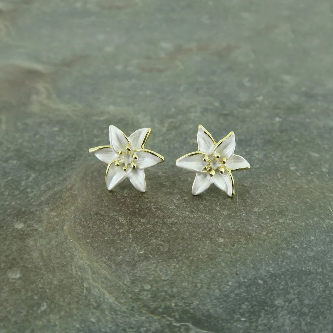 Lily White Flower Post Stud Earrings, 14k Gold Plated | Etsy (US)