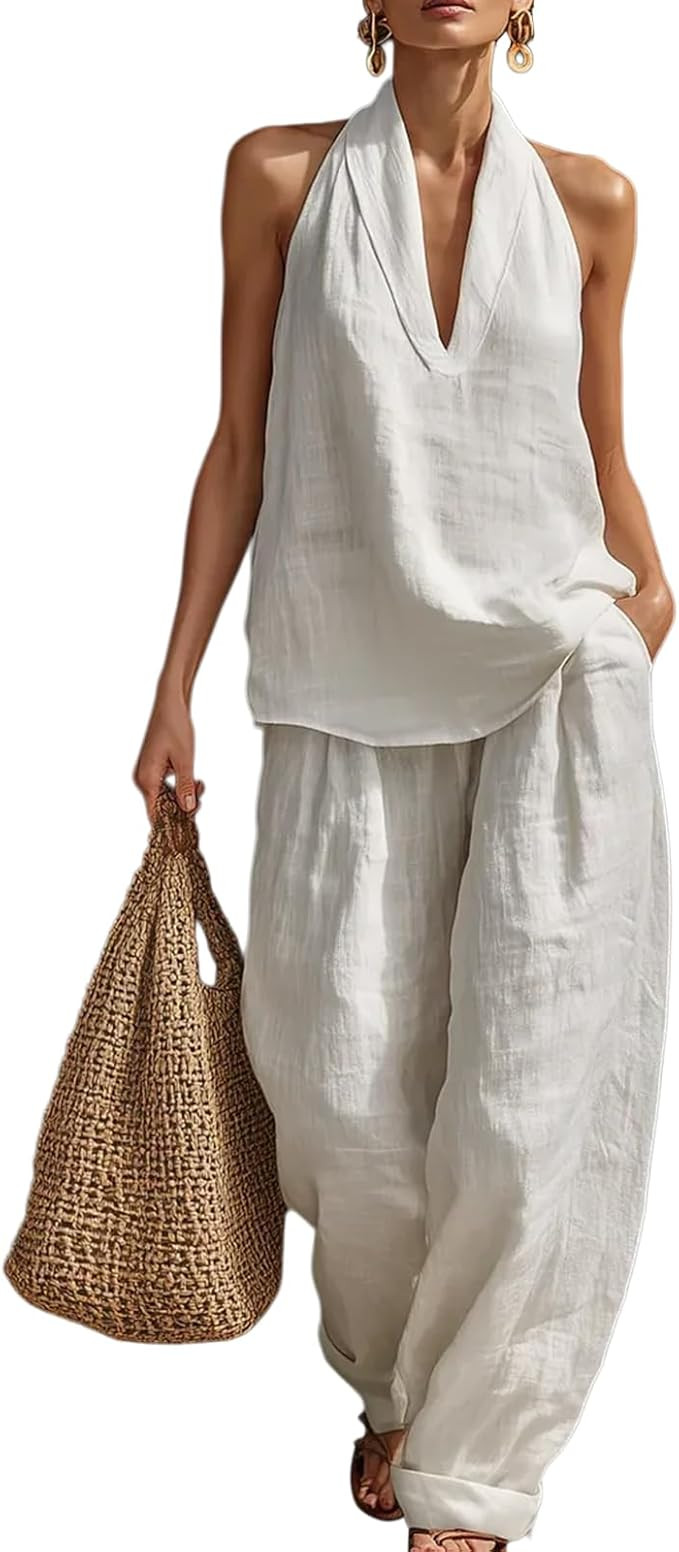 Womens Linen 2 Piece Sets Sleeveless Halter Neck Tank Top Wide Leg Pants Matching Set Airport Bea... | Amazon (US)