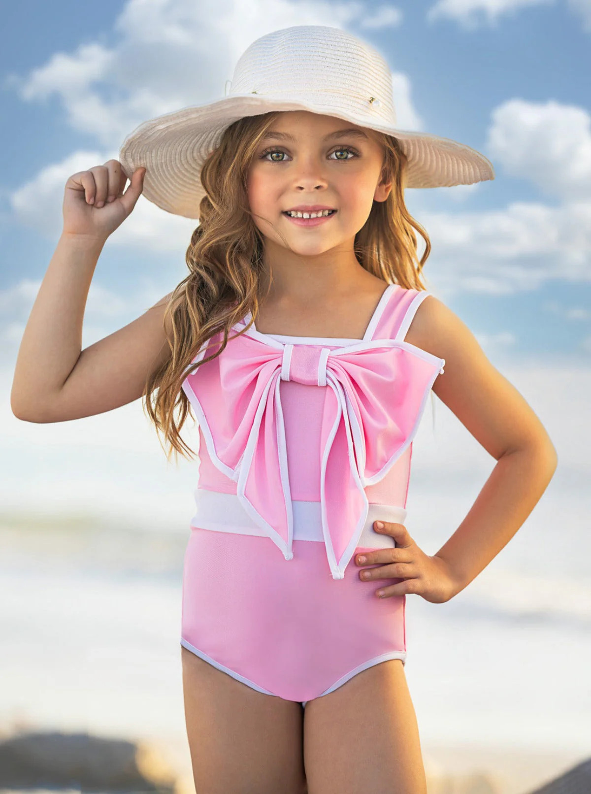 Blushing Summer Statement Bow Pink One Piece Swimsuit | Mia Belle Girls