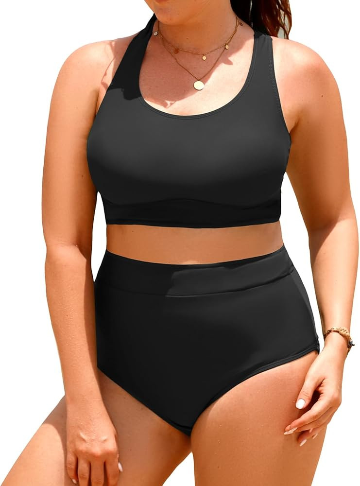 Aqua Eve Plus Size Two Piece High Waisted Bikini Swimsuits Scoop Neck Bikini Set Sporty Bathing S... | Amazon (US)