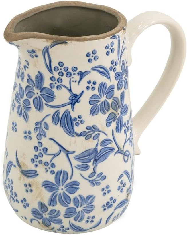 Tall Charming Blue & White Floral Ceramic Vase – Handcrafted Rustic Flower Pitcher for Home Dec... | Amazon (US)
