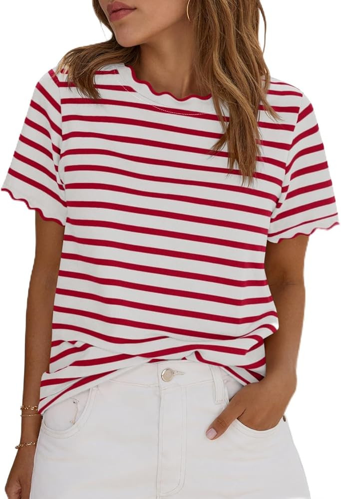 Tankaneo Womens Short Sleeve Striped Tshirts Summer Color Block Scalloped Tops Trendy Casual Basi... | Amazon (US)