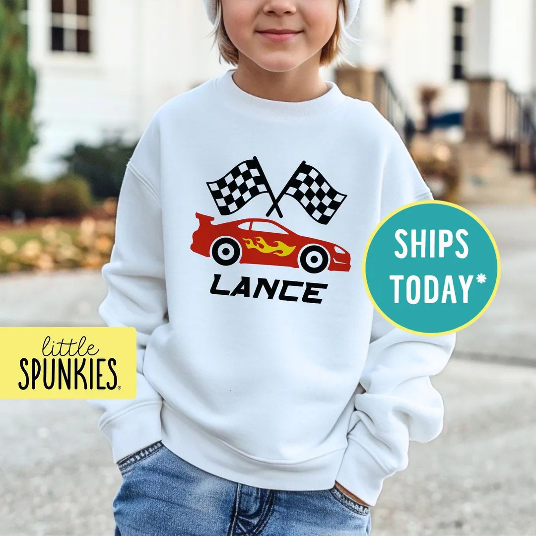 Kids Racing Sweatshirt With Name, Red Race Car With Custom Text Sweatshirt, Customizable Sweater ... | Etsy (US)