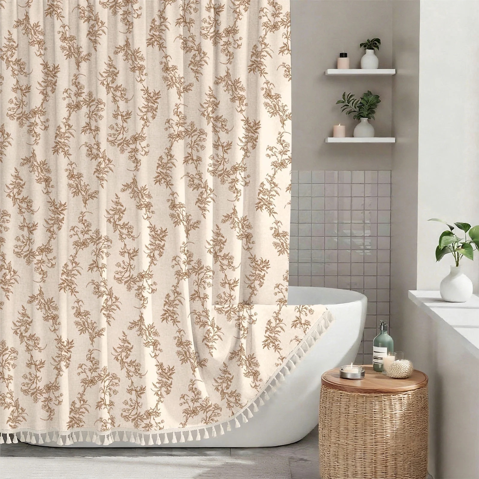 Sanmadrola Shower Curtain Floral Plant Shower Curtain Set with Tassels, Heavy Duty Faux Cotton Li... | Walmart (US)