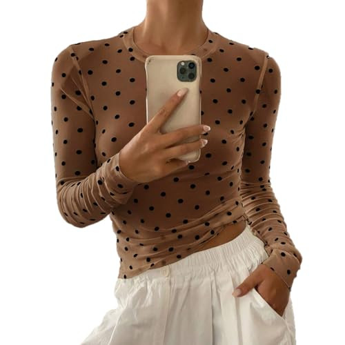 Women Trendy Crew Neck Polka Dot Sheer Mesh Blouse Sexy Slim Fit Long Sleeve See Through Crop Shi... | Amazon (US)