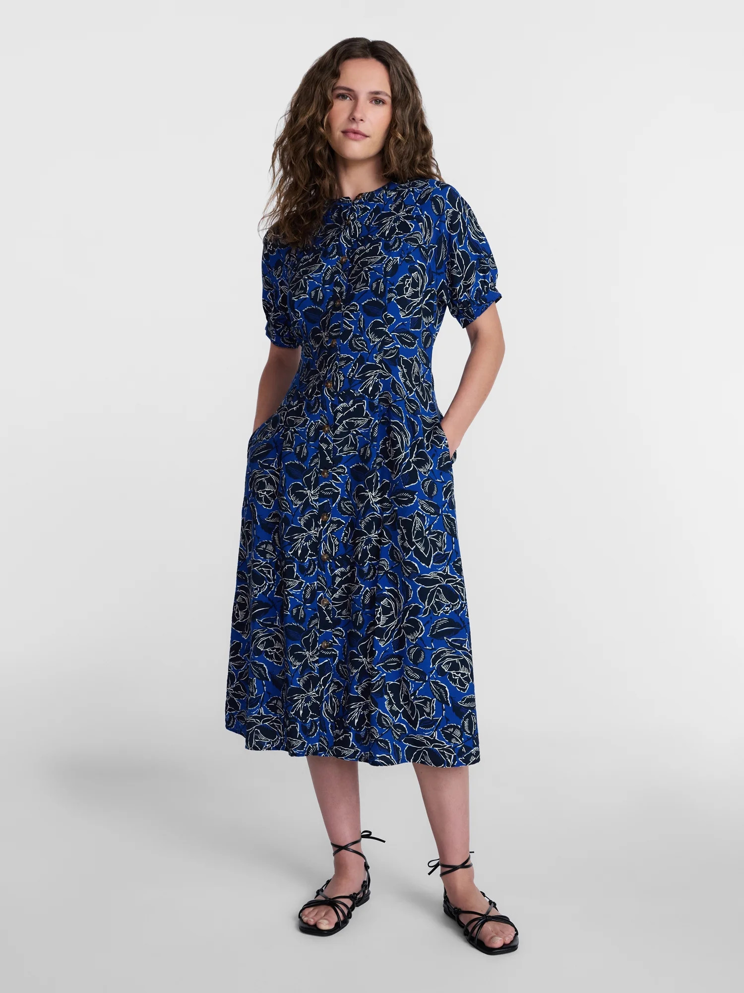 Time and Tru Women's Pleated Midi Shirtdress, Sizes XS-XXXL | Walmart (US)