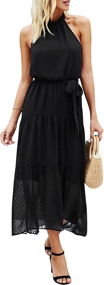 PRETTYGARDEN Women’s Casual Halter Neck Sleeveless Floral Long Maxi Dress Backless Loose Ruffle... | Amazon (US)