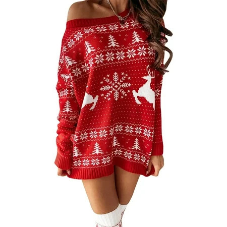 ZPAQI Womens Cute Christmas Oversized Sweater Dress Reindeer Snowflake Jacquard Top | Walmart (US)